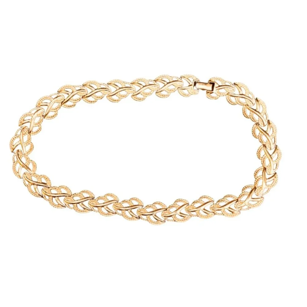 Chunky Vintage Modernist Gold Tone Leaf Link Chain Necklace - Picture 2 of 5